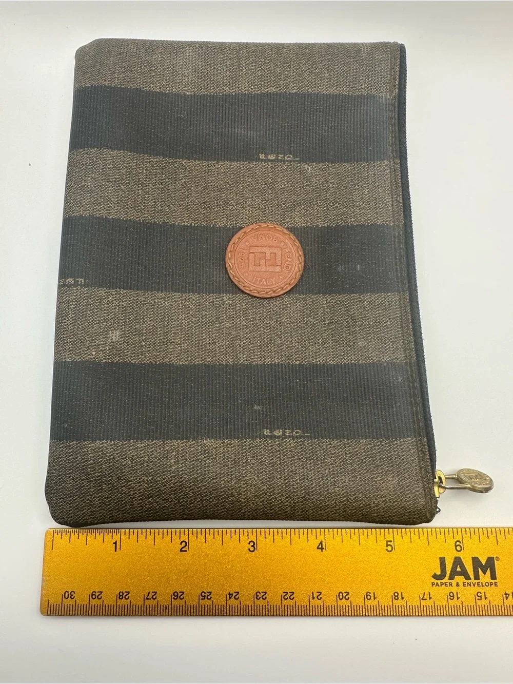 Fendi Pequin Stripe Zip Pouch Cosmetic Bag Brown Black Roma Vtg Authentic Italy